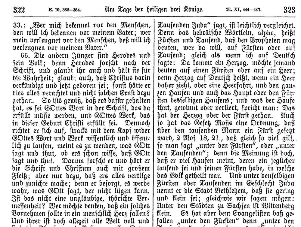 Volume 11, columns 322–323. Column numbers at the outer corners; between them the running title, flanked by the editors’ cross-references: E. 10, 362–364 (Erlangen) and W. XI, 444–447 (old Walch).